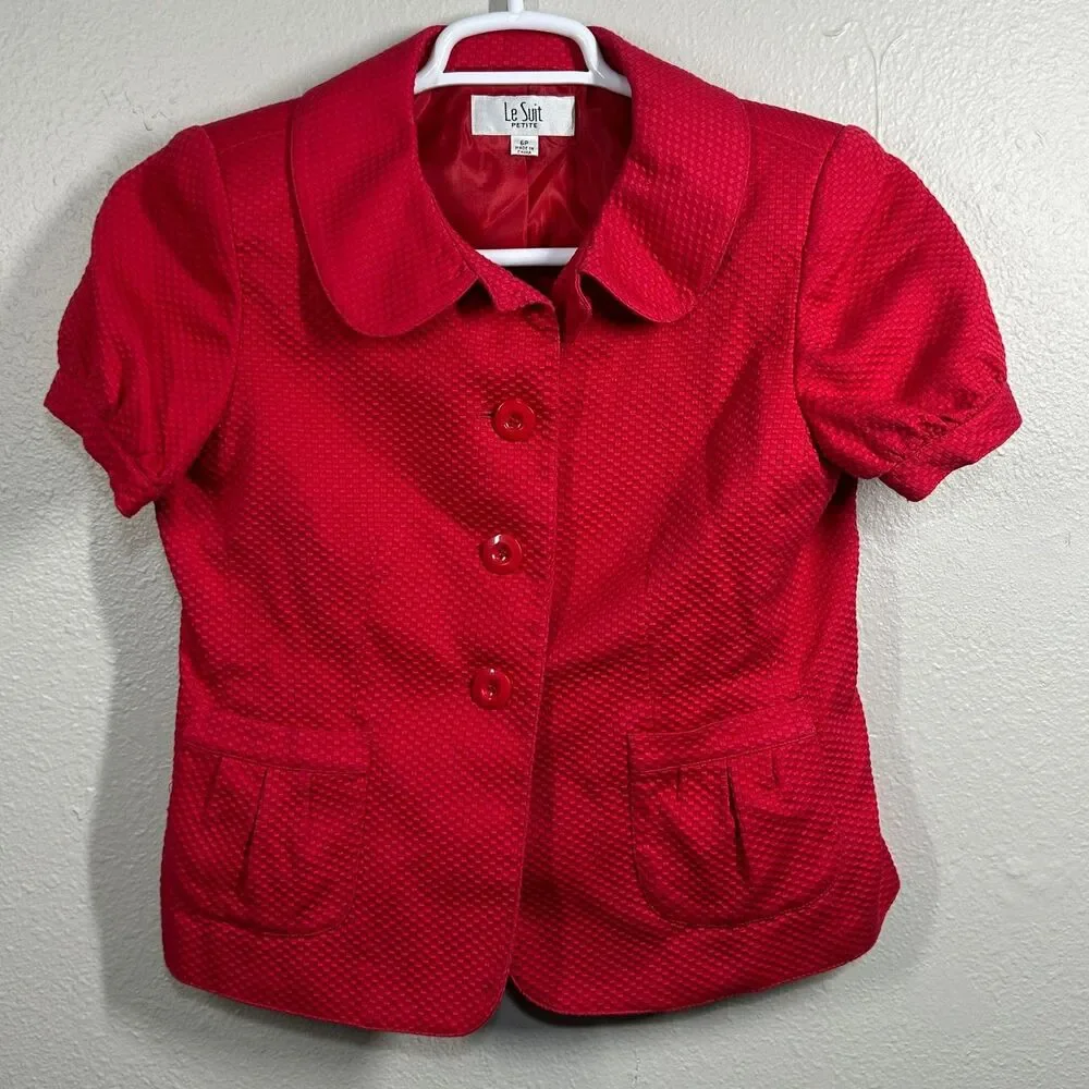 Le Suit Skirt Set Womens Petite 6P Red Textured Button Puff Sleeve Jacket Skirt